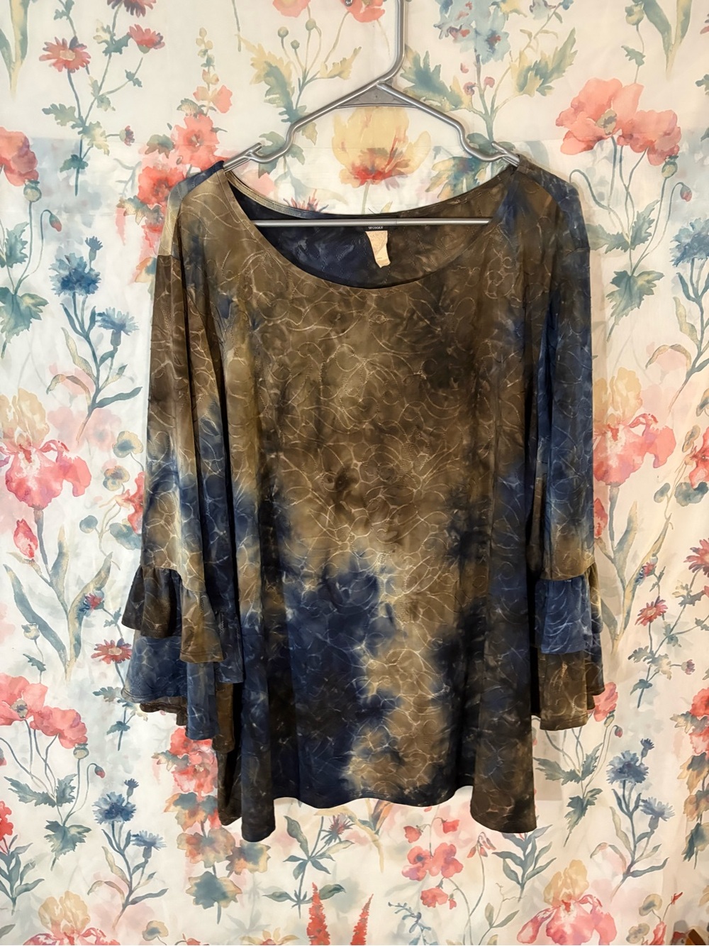 Vintage Cocomo Olive and Blue Tie-Dye Ruffle Sleeve Blouse